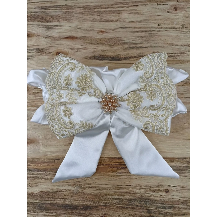 Eterelle Sahra Taç Nakışlı İnci Ve Dantel Fiyonklu Çift Dantel Duvaklı Trilüks Kundak Bebek Battaniyesi Gold