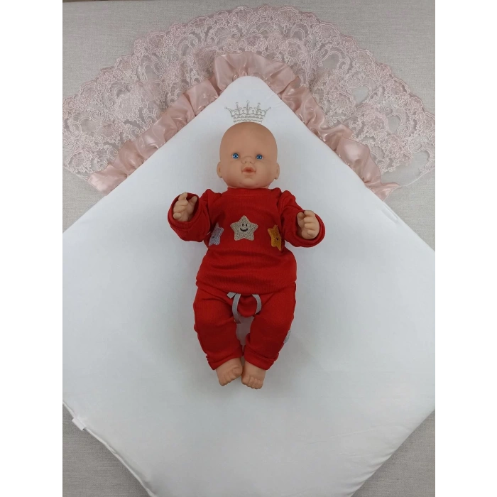 Eterelle Sahra Taç Nakışlı İnci Ve Dantel Fiyonklu Çift Dantel Duvaklı Trilüks Kundak Bebek Battaniyesi Gül Kurusu