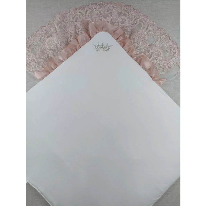 Eterelle Sahra Taç Nakışlı İnci Ve Dantel Fiyonklu Çift Dantel Duvaklı Trilüks Kundak Bebek Battaniyesi Gül Kurusu