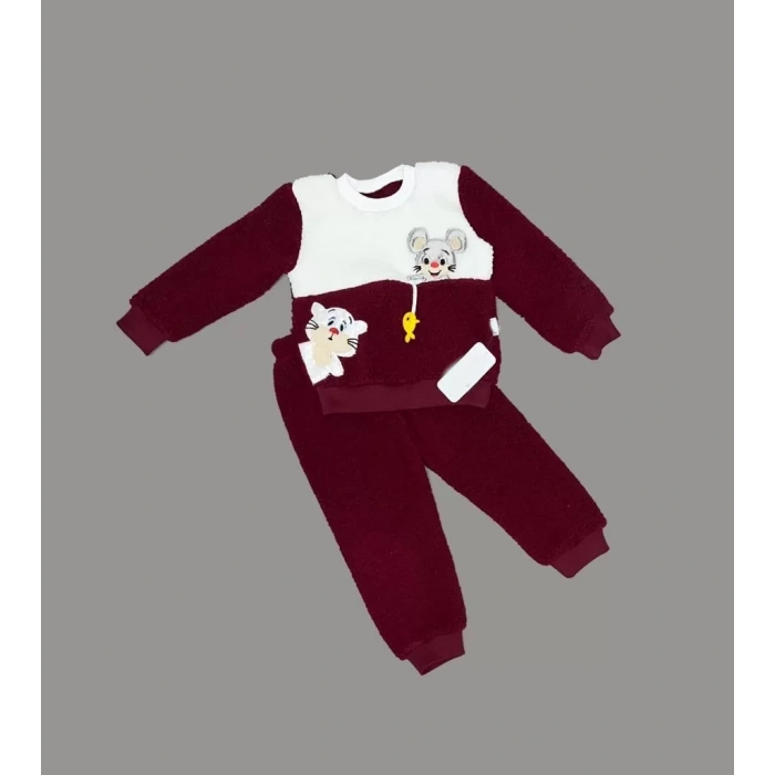 Eterelle 1-2-3 Yaş Sallanan Balık Nakışlı Kuzu Kumaş Sweat Pantolon Uzun Kollu Kız Erkek 2 Li Takımı Bordo