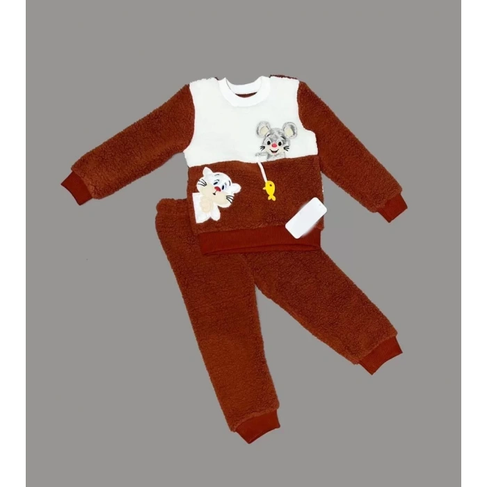 Eterelle 1-2-3 Yaş Sallanan Balık Nakışlı Kuzu Kumaş Sweat Pantolon Uzun Kollu Kız Erkek 2 Li Takımı Kahverengi