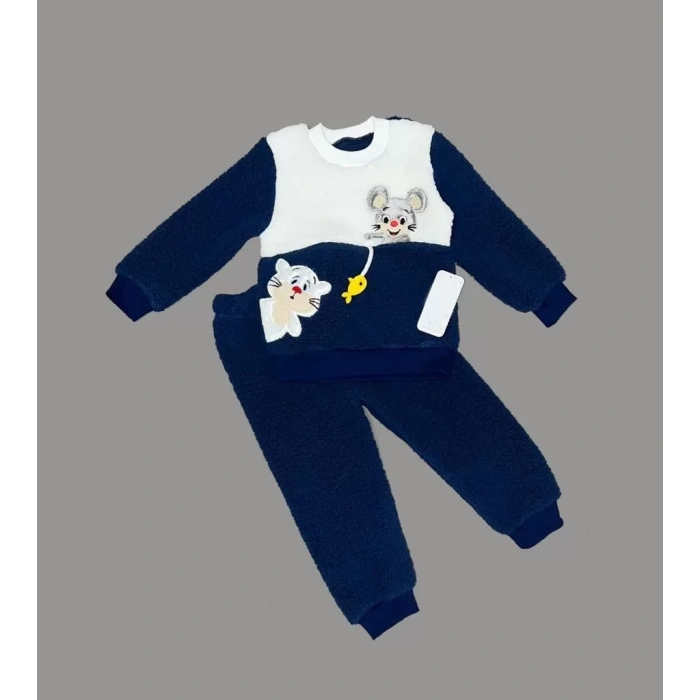 Eterelle 1-2-3 Yaş Sallanan Balık Nakışlı Kuzu Kumaş Sweat Pantolon Uzun Kollu Kız Erkek 2 Li Takımı Lacivert