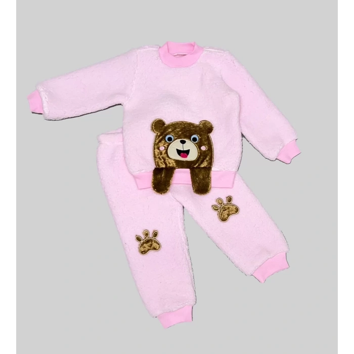 Eterelle 1-2-3 Yaş Sallanan El Ayıcıklı Kuzu Kumaş Sweat Patili Pantolon Uzun Kollu Kız Erkek 2 Li Takımı Pembe
