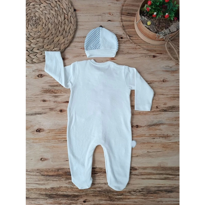 Eterelle 0-3 3-6 6-9 Ay Şapkalı Yelek Detaylı Boydan Çıtçıt Erkek Bebek Tulumu Ekru