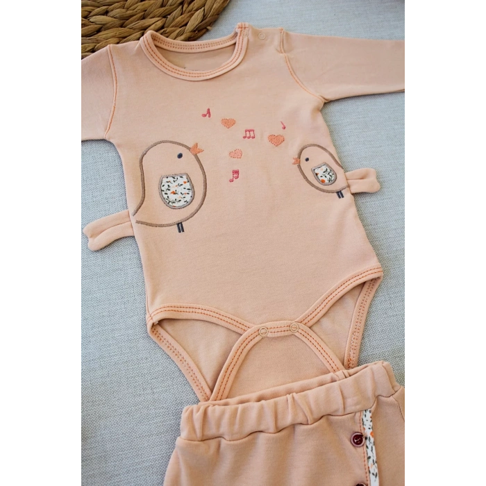 Eterelle 3-6 6-9 9-12 Ay Şarkıcı Kuşlar Nakışlı Bandanalı Uzun Kollu Zıbınlı 3lü Kız Bebek Takımı Buğday