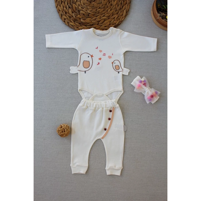 Eterelle 3-6 6-9 9-12 Ay Şarkıcı Kuşlar Nakışlı Bandanalı Uzun Kollu Zıbınlı 3lü Kız Bebek Takımı Ekru