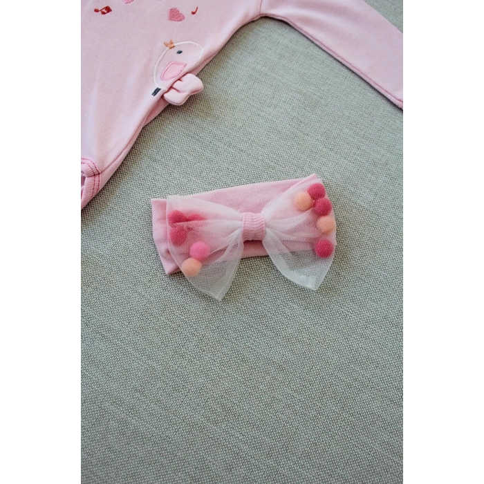 Eterelle 3-6 6-9 9-12 Ay Şarkıcı Kuşlar Nakışlı Bandanalı Uzun Kollu Zıbınlı 3lü Kız Bebek Takımı Pembe