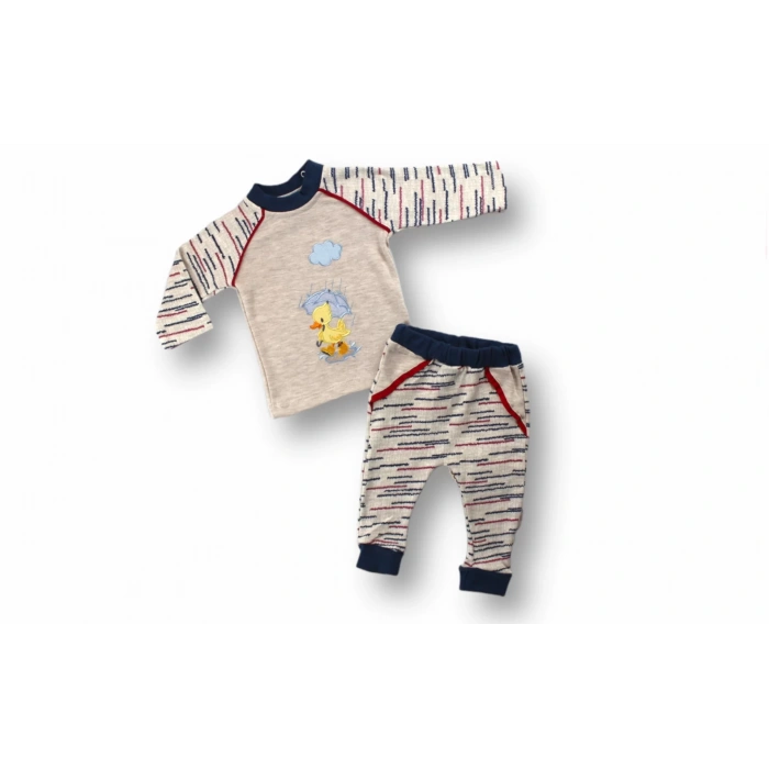 Eterelle 0-3 3-6 6-9 Ay Şemsiyeli Ördek Nakışlı Uzun Kollu Sweatli 2li Kız-erkek Bebek Takımı Mavi