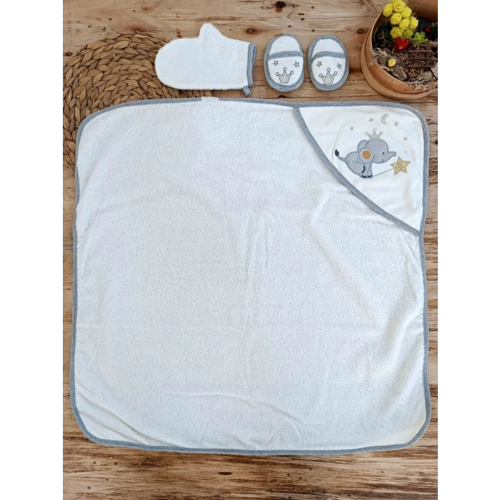 Eterelle 0-1 Yaş Sevimli Fil Nakışlı Pareolu 4lü Kız Erkek Bebek Havlu Silgi Takımı Ekru