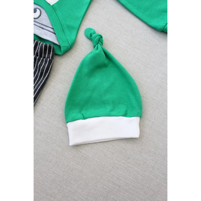 Eterelle 3-6 6-9 9-12 Ay Şımarık Tavşan Nakışlı Şapkalı Uzun Kollu Sweat 3lü Kız-erkek Bebek Takımı Yeşil