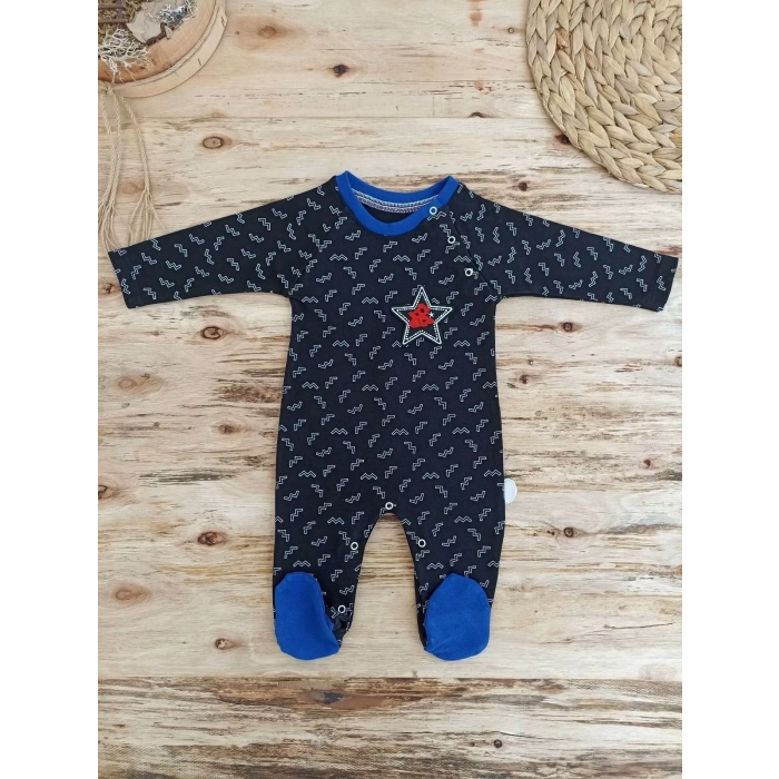 Eterelle 0-3 3-6 6-9 Ay Star Baby Baskılı Çıt Çıt Kapama Erkek Bebek Tulum Siyah