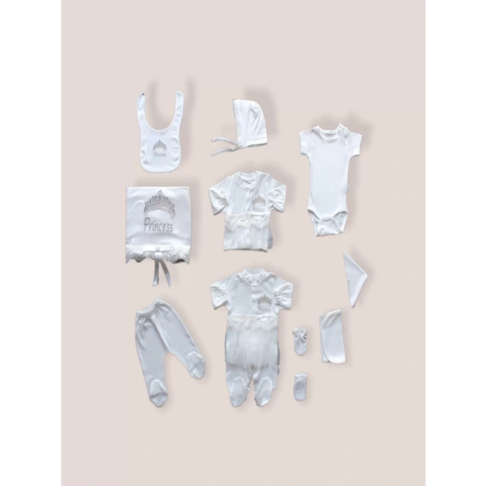 Eterelle Taçlı Prensesim Nakışlı  10lu Zıbın Takımı Hastane Çıkışı Ekru