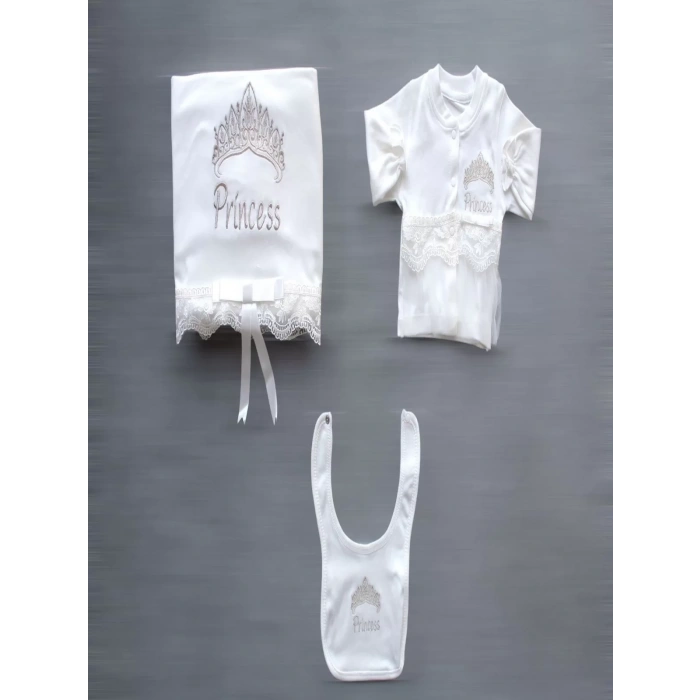 Eterelle Taçlı Prensesim Nakışlı  10lu Zıbın Takımı Hastane Çıkışı Ekru