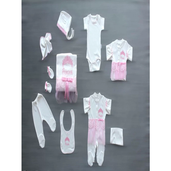 Eterelle Taçlı Prensesim Nakışlı  10lu Zıbın Takımı Hastane Çıkışı Pembe
