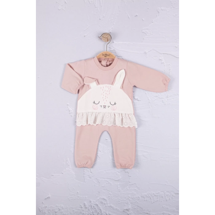 Eterelle Tavşan Nakışlı Güpürlü % 100 Pamuk Kız Bebek Tulum