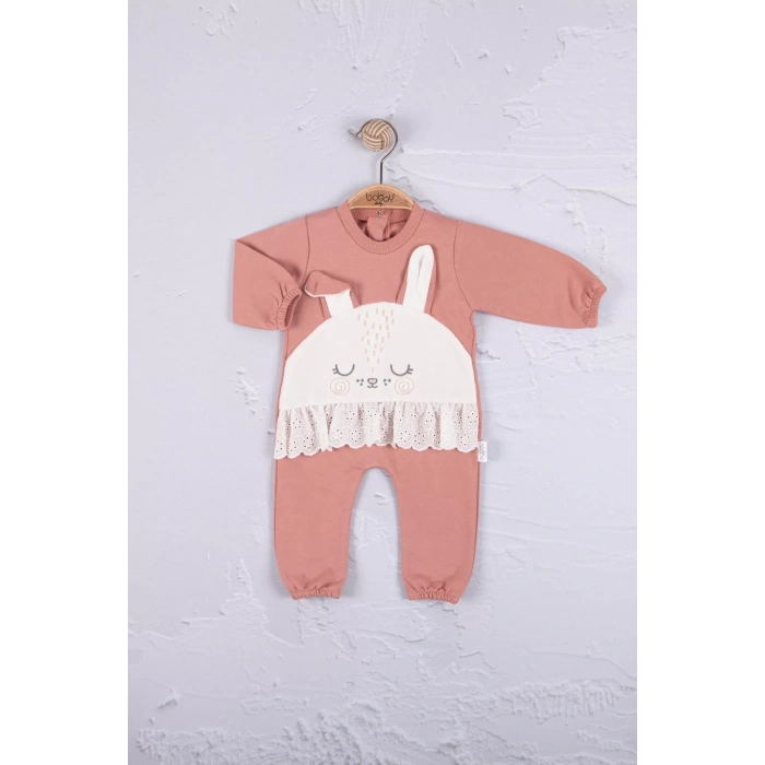 Eterelle Tavşan Nakışlı Güpürlü % 100 Pamuk Kız Bebek Tulum