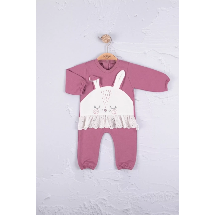 Eterelle Tavşan Nakışlı Güpürlü % 100 Pamuk Kız Bebek Tulum