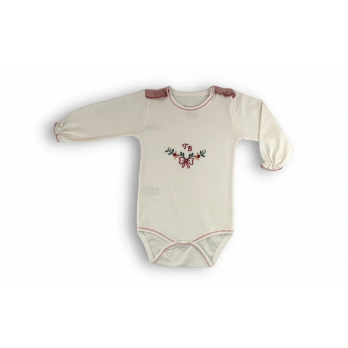 Eterelle 3-6 6-9 9-12 Ay Tb Çiçek Nakışlı Bandanalı Uzun Kollu Zıbınlı 3lü Kız Bebek Takımı Ekru