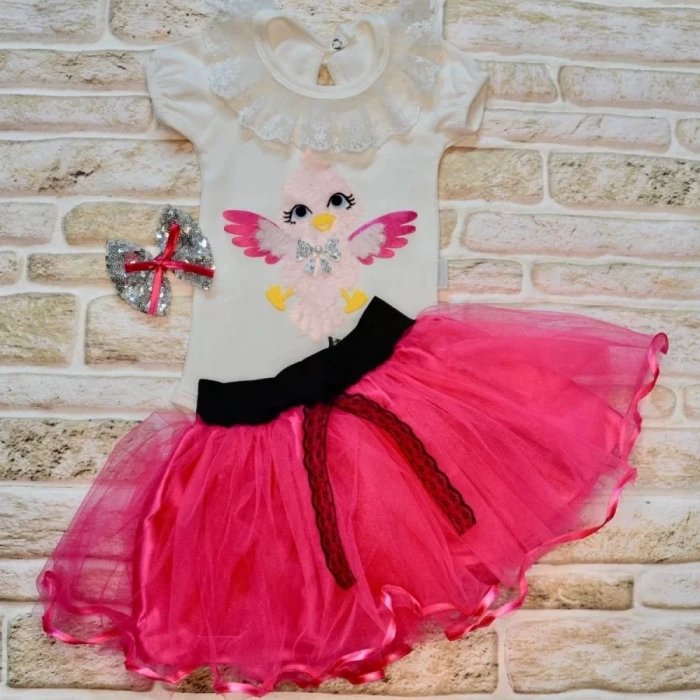 Eterelle 9-12-18 Ay Toka Hediyeli Kuş Desenli Tişört Tütü Etek 2li Kız Bebek Takımı Fuşya