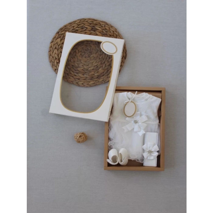 Eterelle 0-6 Ay Tül Etekli Kurdelalı Taş Detaylı Kız Bebek Hediyelik, Mevlütlük, Kınalık 3lü Takım Beyaz