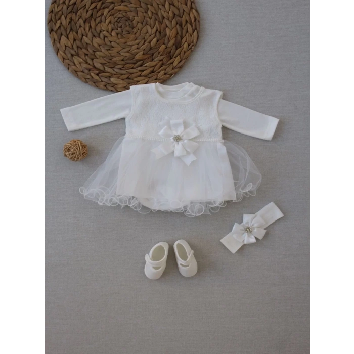 Eterelle 0-6 Ay Tül Etekli Kurdelalı Taş Detaylı Kız Bebek Hediyelik, Mevlütlük, Kınalık 3lü Takım Beyaz
