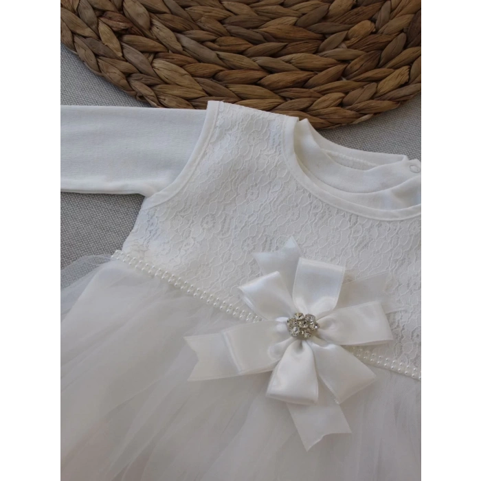 Eterelle 0-6 Ay Tül Etekli Kurdelalı Taş Detaylı Kız Bebek Hediyelik, Mevlütlük, Kınalık 3lü Takım Beyaz