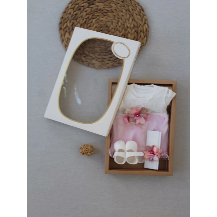 Eterelle 0-6 Ay Tül Etekli Kurdelalı Taş Detaylı Kız Bebek Hediyelik, Mevlütlük, Kınalık 3lü Takım Pembe