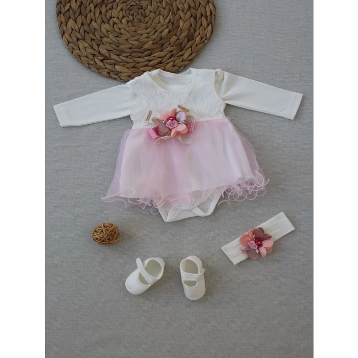 Eterelle 0-6 Ay Tül Etekli Kurdelalı Taş Detaylı Kız Bebek Hediyelik, Mevlütlük, Kınalık 3lü Takım Pembe