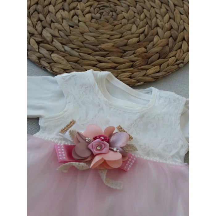 Eterelle 0-6 Ay Tül Etekli Kurdelalı Taş Detaylı Kız Bebek Hediyelik, Mevlütlük, Kınalık 3lü Takım Pembe