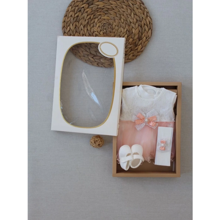 Eterelle 0-6 Ay Tül Etekli Kurdelalı Taş Detaylı Kız Bebek Hediyelik, Mevlütlük, Kınalık 3lü Takım Pudra