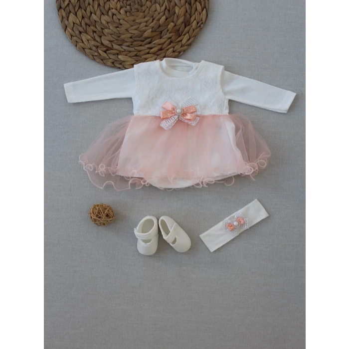 Eterelle 0-6 Ay Tül Etekli Kurdelalı Taş Detaylı Kız Bebek Hediyelik, Mevlütlük, Kınalık 3lü Takım Pudra