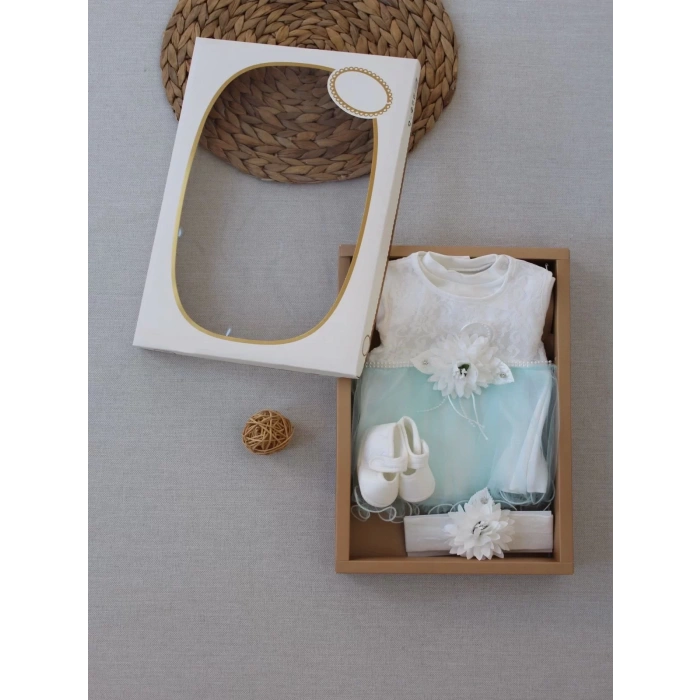 Eterelle 0-6 Ay Tül Etekli Kurdelalı Taş Detaylı Kız Bebek Hediyelik, Mevlütlük, Kınalık 3lü Takım Turkuaz