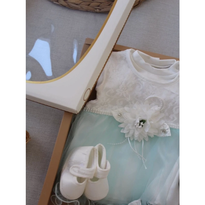 Eterelle 0-6 Ay Tül Etekli Kurdelalı Taş Detaylı Kız Bebek Hediyelik, Mevlütlük, Kınalık 3lü Takım Turkuaz