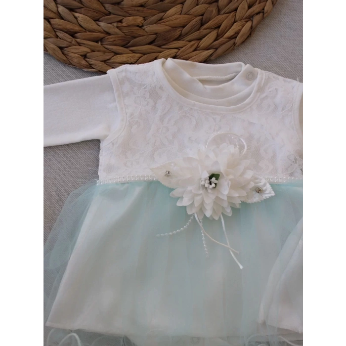 Eterelle 0-6 Ay Tül Etekli Kurdelalı Taş Detaylı Kız Bebek Hediyelik, Mevlütlük, Kınalık 3lü Takım Turkuaz