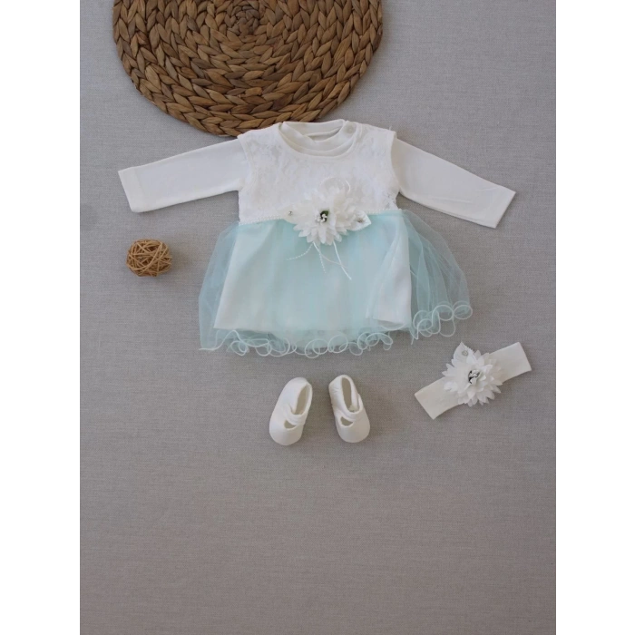 Eterelle 0-6 Ay Tül Etekli Kurdelalı Taş Detaylı Kız Bebek Hediyelik, Mevlütlük, Kınalık 3lü Takım Turkuaz