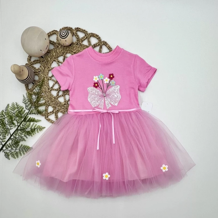 Eterelle 1-2-3 Yaş Tül Fiyonk Çiçekler Nakışlı Astarlı Kız Bebek Tütü Elbisesi Pembe