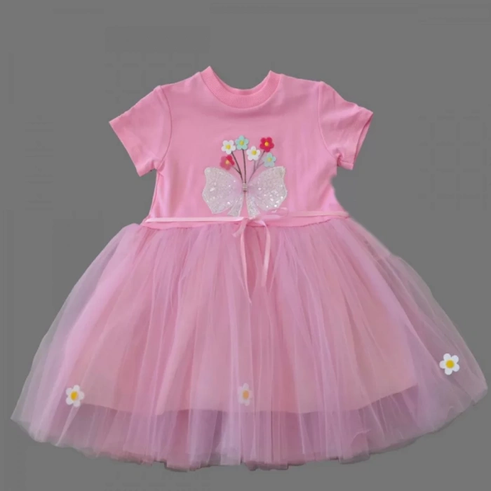 Eterelle 1-2-3 Yaş Tül Fiyonk Çiçekler Nakışlı Astarlı Kız Bebek Tütü Elbisesi Pembe