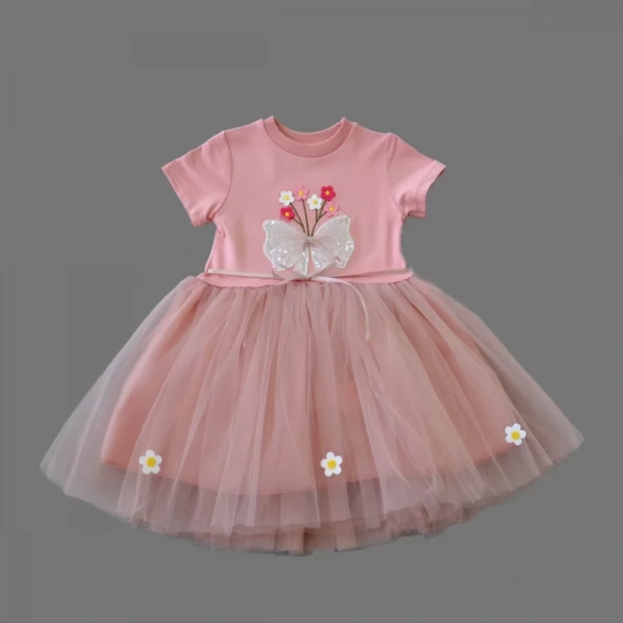 Eterelle 1-2-3 Yaş Tül Fiyonk Çiçekler Nakışlı Astarlı Kız Bebek Tütü Elbisesi Pudra