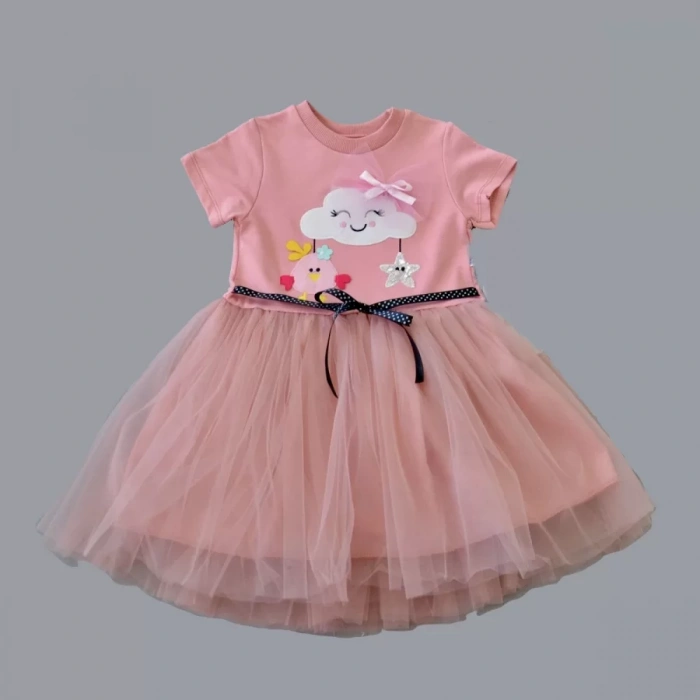 Eterelle 1-2-3 Yaş Tül Tokalı Bulut Civciv Ve Yıldız Nakışlı Kız Bebek Elbisesi Gül Kurusu