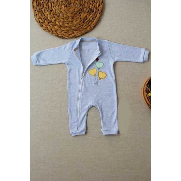 Eterelle 3-6 18-24 24-36 Ay Uçan Balonlar Nakışlı Ef Boy Fermuarlı Erkek Bebek Tulumu Mavi