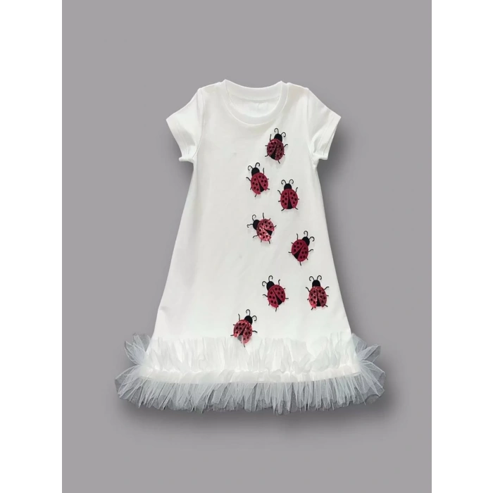 Eterelle 1-2-3 Yaş Uğur Böceği Nakışlı Fırfır Uçlu Kız Çocuk Jile Elbisesi Beyaz