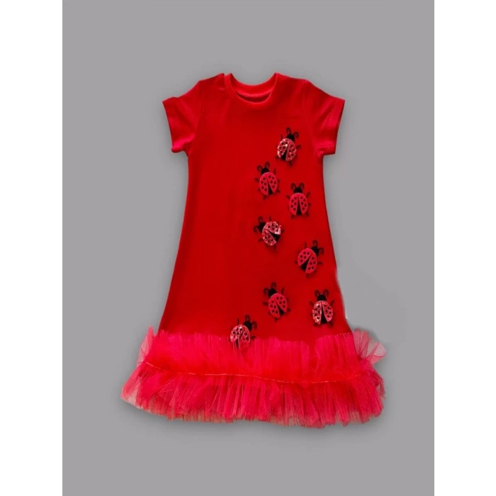 Eterelle 1-2-3 Yaş Uğur Böceği Nakışlı Fırfır Uçlu Kız Çocuk Jile Elbisesi Kırmızı