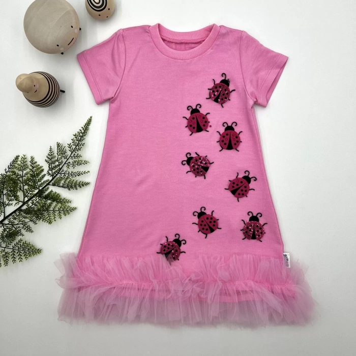 Eterelle 1-2-3 Yaş Uğur Böceği Nakışlı Fırfır Uçlu Kız Çocuk Jile Elbisesi Pembe