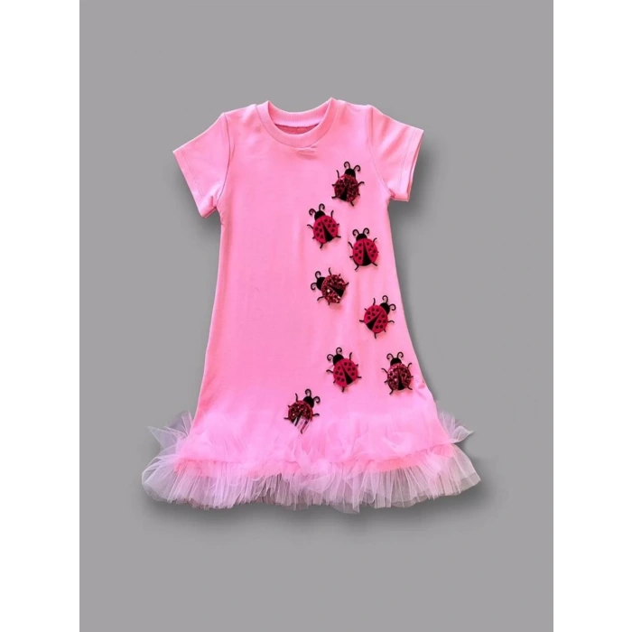 Eterelle 1-2-3 Yaş Uğur Böceği Nakışlı Fırfır Uçlu Kız Çocuk Jile Elbisesi Pembe
