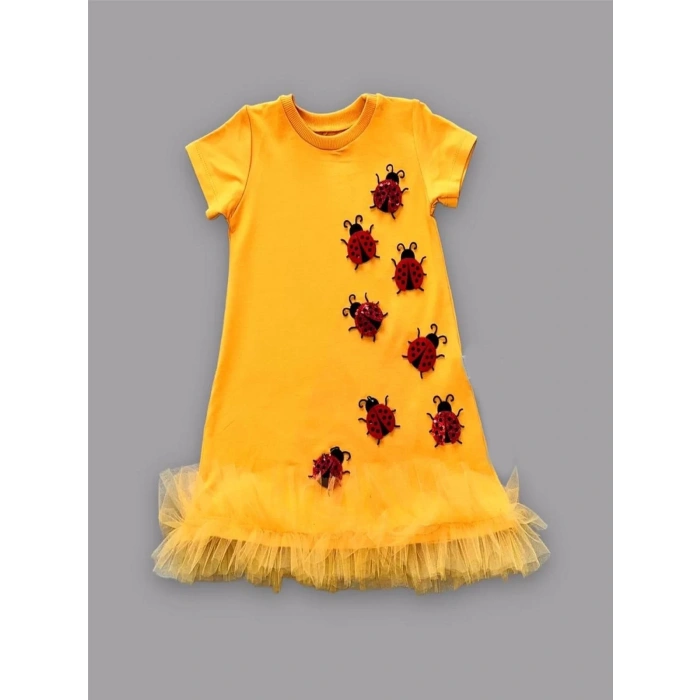 Eterelle 1-2-3 Yaş Uğur Böceği Nakışlı Fırfır Uçlu Kız Çocuk Jile Elbisesi Turuncu
