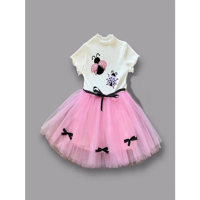 Eterelle 1-2-3 Yaş Uğur Böceği Nakışlı Kurdela Kuşak Kız Çocuk Elbisesi Pembe-ekru