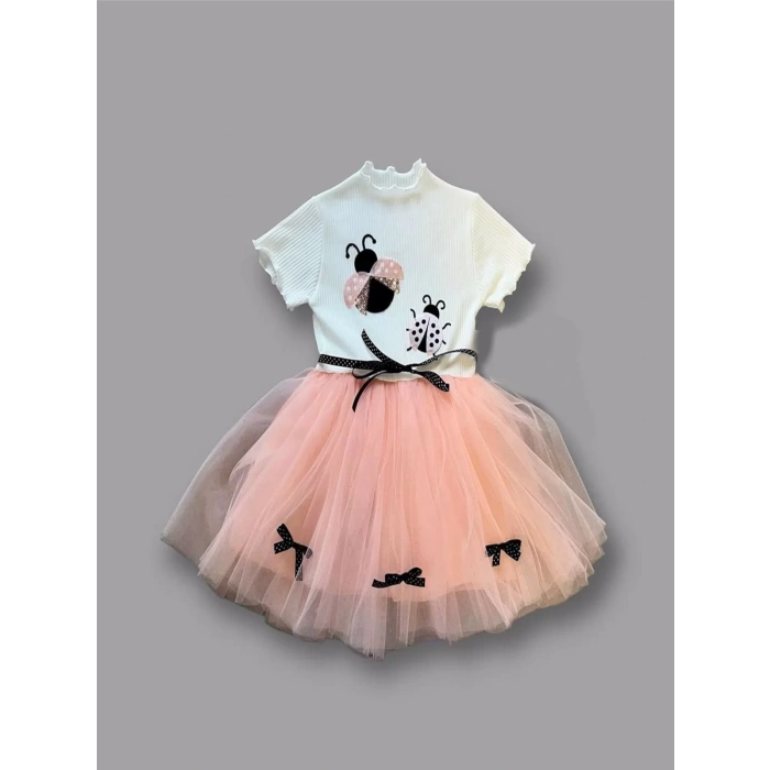 Eterelle 1-2-3 Yaş Uğur Böceği Nakışlı Kurdela Kuşak Kız Çocuk Elbisesi Somon-ekru