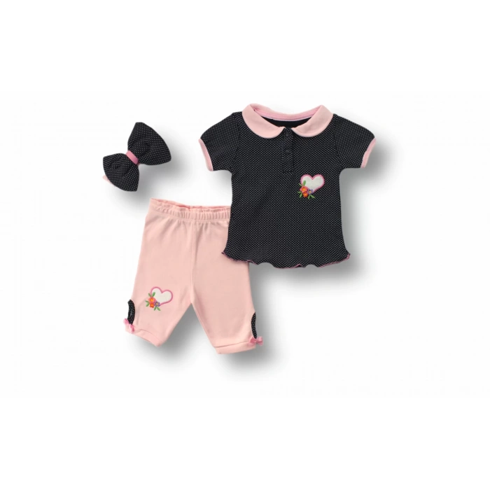 Eterelle 3-6 6-9 9-12 12-18 Ay Uzayın Kalbi Nakışlı Bandanalı Kısa Kollu Sweat 3lü Kız Bebek Takımı Siyah