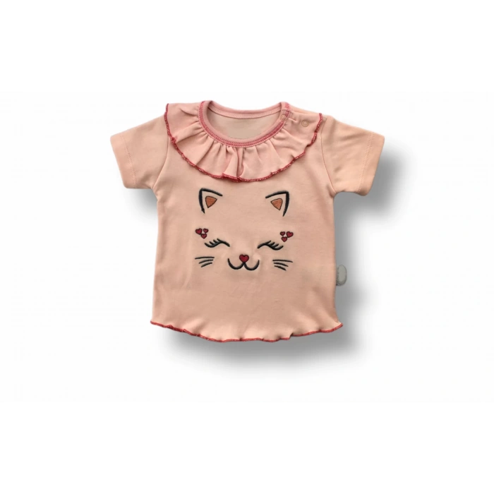 Eterelle 6-9 9-12 12-18 Ay Vip Kedi Baskılı Bandanalı Kısa Kollu Sweat 3lü Kız Bebek Takımı Pudra