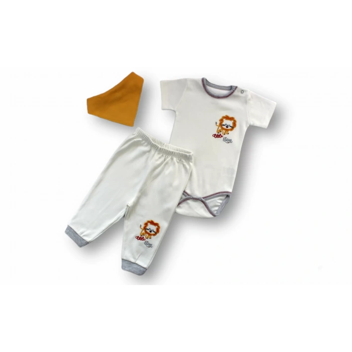 Eterelle 3-6 6-9 9-12 Ay Yavru Aslan Nakışlı Bandajlı Kısa Kollu Zıbınlı 3lü Erkek Bebek Takımı Ekru